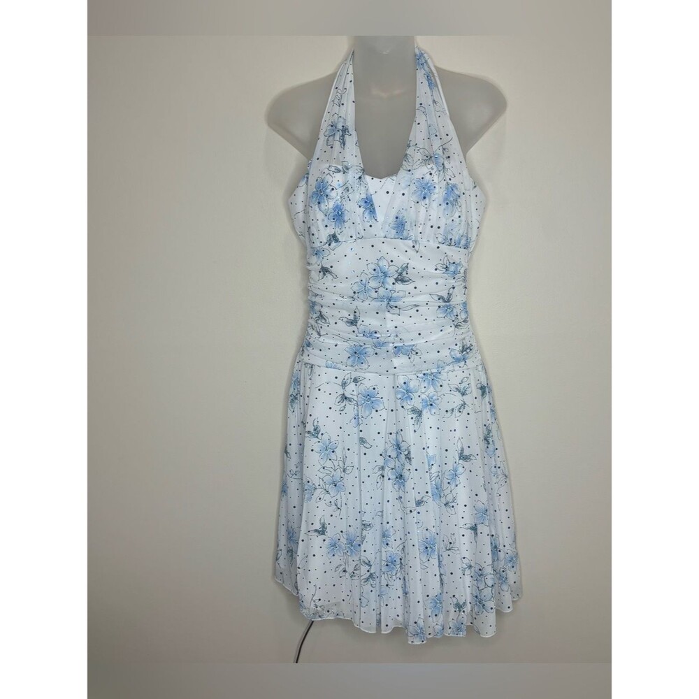 Taboo Y2K 90s White halter v neck Floral Halter Dress Light Blue size large